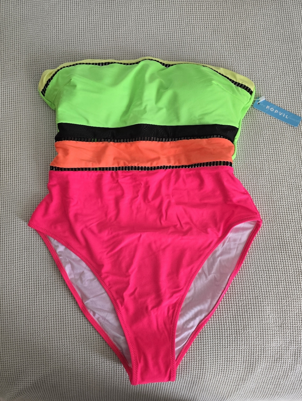 Popvil Neon Colorblock Strapless One-Piece Swimsuit - Green/Orange/Pink